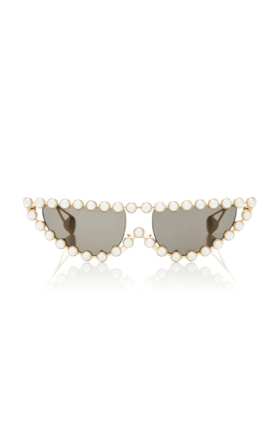 Shop Gucci Faux Pearl-embellished Cat-eye Sunglasses In Black