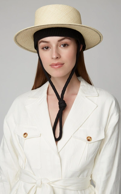 Shop Federica Moretti Cotton-trimmed Straw Hat In Neutral