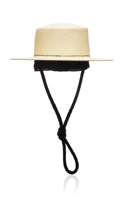 Shop Federica Moretti Cotton-trimmed Straw Hat In Neutral