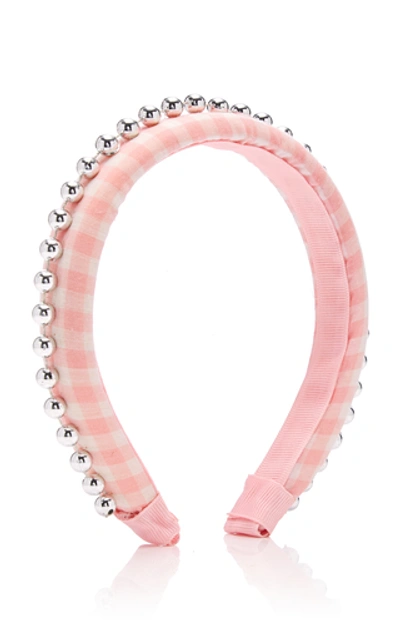 Shop Epona Valley Beaded Gingham Cotton Headband In Pink