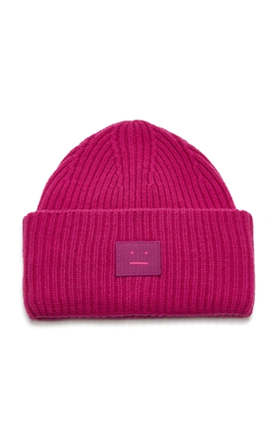 Shop Acne Studios Appliquéd Ribbed Wool Beanie In Pink