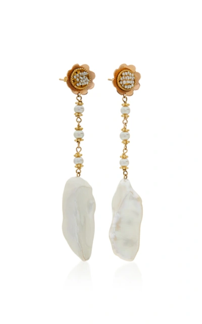 Shop Sorab & Roshi Sunflower 18k Gold And Pearl Earrings In White