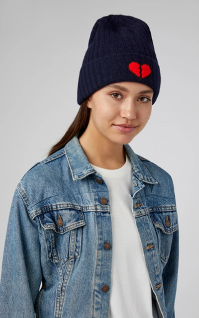 Shop The Elder Statesman Summer Embroidered Ribbed Cashmere Beanie In Navy