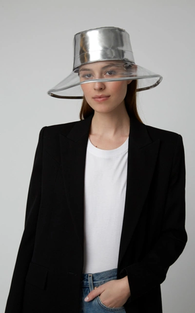 Shop Eric Javits Go-go Patent Leather And Pvc Bucket Hat In Silver
