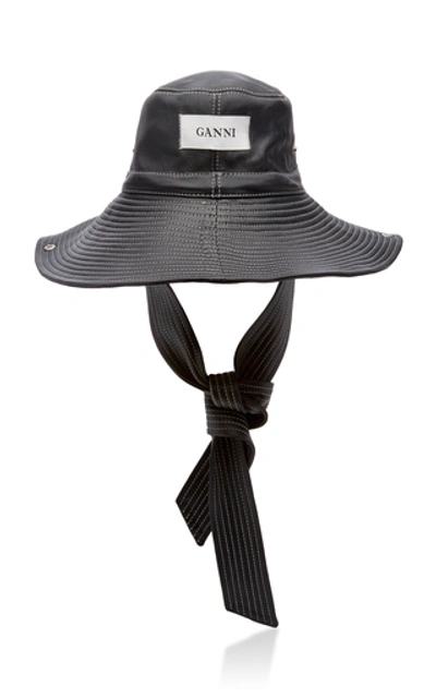 Shop Ganni Logo-patch Leather Bucket Hat In Black