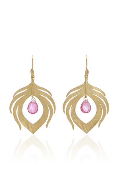 Shop Annette Ferdinandsen Peacock Feathers 14k Gold And Rubellite Drop Earr In Red