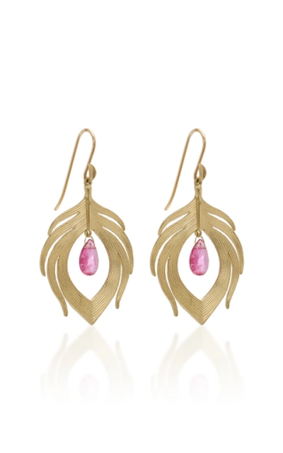 Shop Annette Ferdinandsen Peacock Feathers 14k Gold And Rubellite Drop Earr In Red