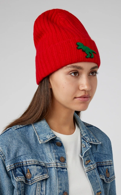 Shop The Elder Statesman Summer Embroidered Ribbed Cashmere Beanie In Red