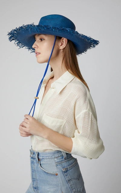 Shop Sensi Studio Frayed Rope-trimmed Straw Panama Hat In Blue