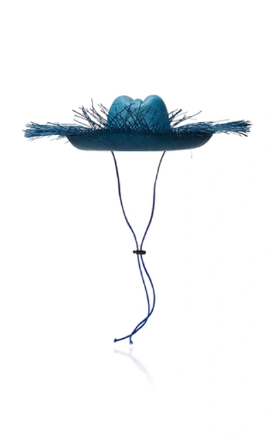 Shop Sensi Studio Frayed Rope-trimmed Straw Panama Hat In Blue