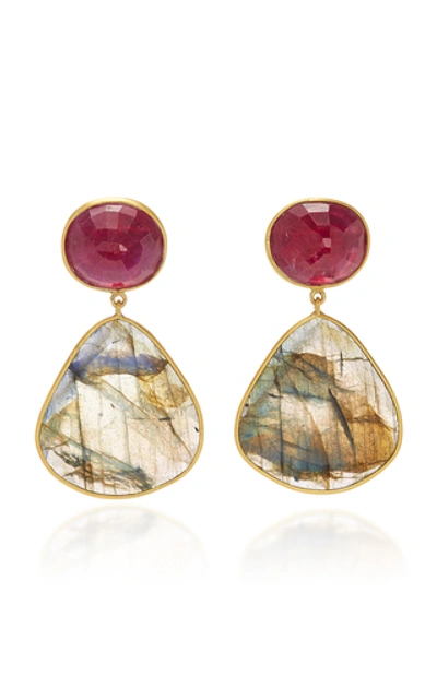 Shop Bahina 18k Gold, Ruby And Labradorite Earrings In Blue
