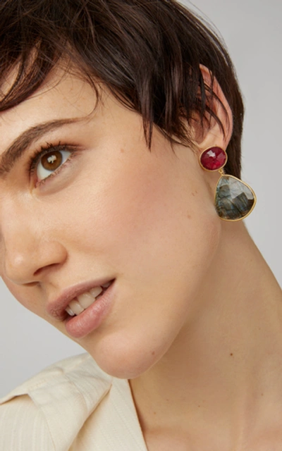 Shop Bahina 18k Gold, Ruby And Labradorite Earrings In Blue