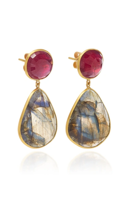 Shop Bahina 18k Gold, Ruby And Labradorite Earrings In Blue