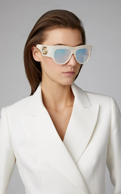 Shop Gucci Crystal-embellished D-frame Acetate Sunglasses In Ivory