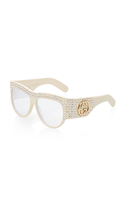 Shop Gucci Crystal-embellished D-frame Acetate Sunglasses In Ivory