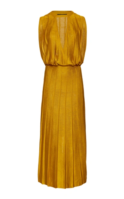 Shop Cushnie Pleated Stretch-knit Midi Dress In Yellow