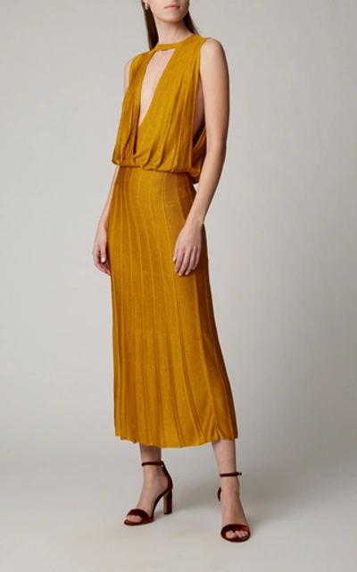 Shop Cushnie Pleated Stretch-knit Midi Dress In Yellow