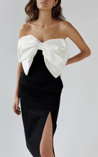 Shop Anna October Galina Bow-detailed Cotton-faille Midi Dress In Black/white