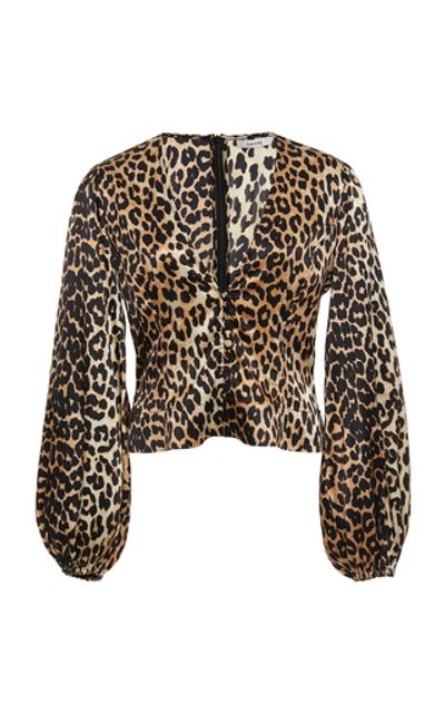Shop Ganni Leopard-print Silk-blend Satin Top In Animal