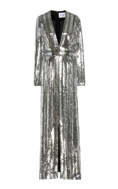 Shop Galvan Stardust Sequined Chiffon Gown In Silver