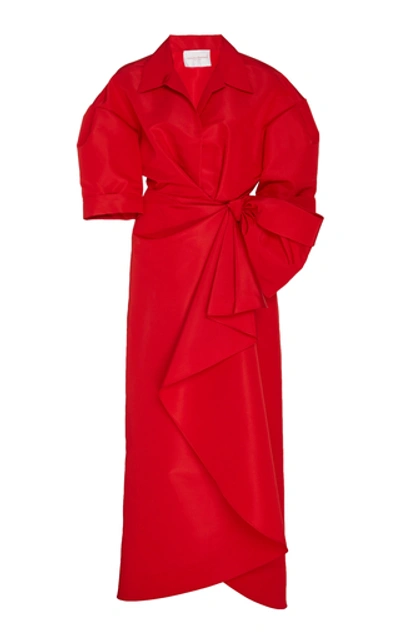 Shop Carolina Herrera Tie-detailed Silk-crepe Midi Dress In Red