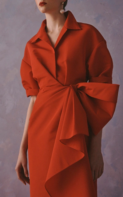 Shop Carolina Herrera Tie-detailed Silk-crepe Midi Dress In Red