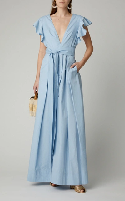 Shop Kalita New Poet By The Sea Belted Cotton-poplin Maxi Dress In Blue