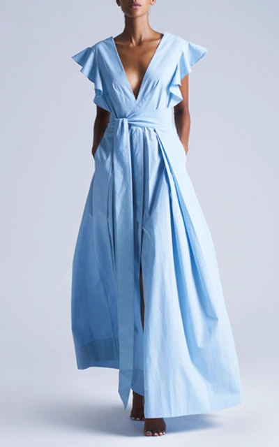 Shop Kalita New Poet By The Sea Belted Cotton-poplin Maxi Dress In Blue