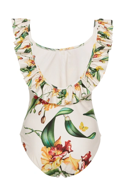 Shop Agua By Agua Bendita Salvia Printed Ruffled One-piece Swimsuit In Multi