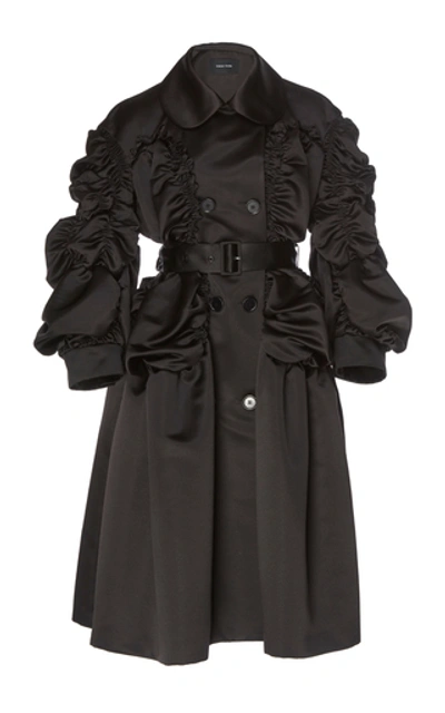 Shop Simone Rocha Belted Ruched Longline Satin Coat In Black