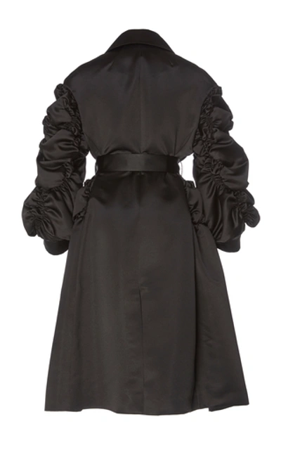 Shop Simone Rocha Belted Ruched Longline Satin Coat In Black