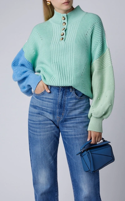 Shop Anna October Olga Texture-blocked Button-neck Sweater In Multi