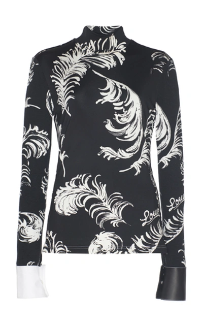 Shop Loewe Leather-trimmed Printed Jersey Turtleneck Top In Black/white