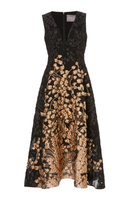 Shop Lela Rose Two-tone Jacquard Midi Dress In Gold