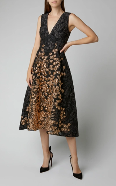 Shop Lela Rose Two-tone Jacquard Midi Dress In Gold