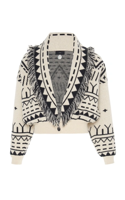 Shop Alanui Rainy Mountains Fringed Cashmere And Wool Cropped Cardigan In Black/white