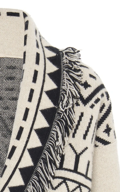 Shop Alanui Rainy Mountains Fringed Cashmere And Wool Cropped Cardigan In Black/white