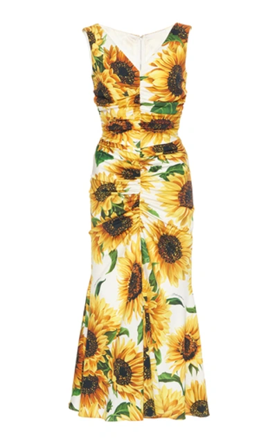 Shop Dolce & Gabbana Ruched Floral-print Silk Midi Dress In Yellow