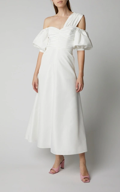 Shop Self-portrait Ruched Taffeta Midi Dress In White