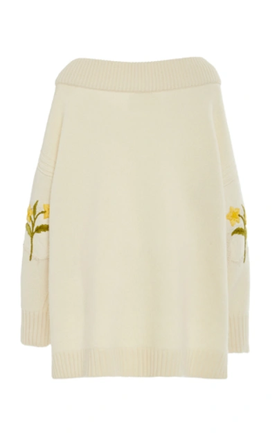 Shop Oscar De La Renta Floral-embroidered Ribbed Wool And Cashmere-blend Sw In White