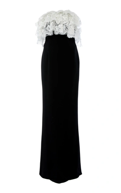 Shop Alessandra Rich Strapless Ruffled Lace And Crepe Gown In Black/white