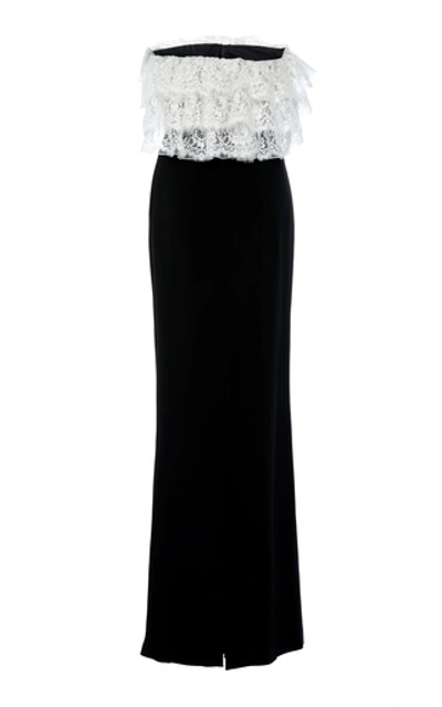 Shop Alessandra Rich Strapless Ruffled Lace And Crepe Gown In Black/white