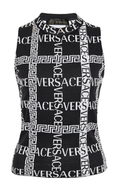 Shop Versace Logo Cotton-blend Crop Top In Black/white