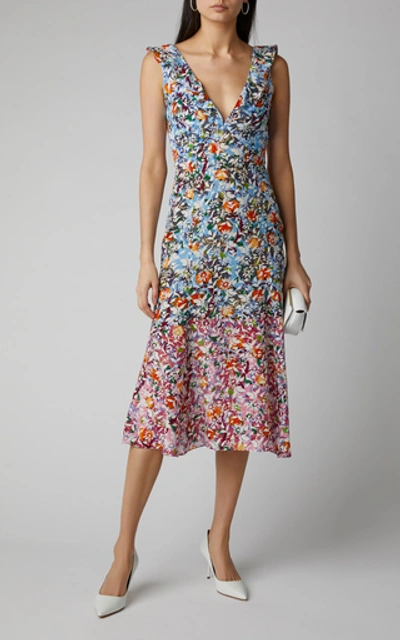 Shop Saloni Holly Floral-print Silk Midi Dress In Blue