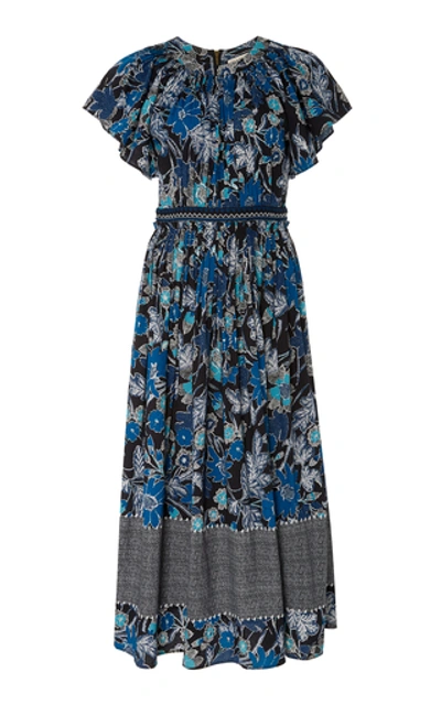 Shop Ulla Johnson Lottie Printed Cotton Midi Dress In Blue