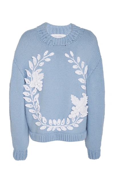 Shop Oscar De La Renta Embroidered Sweater In Blue