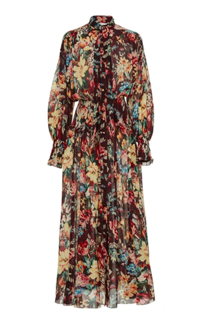 Shop Zimmermann Allia Shirred Cotton & Silk Blend Maxi Dress In Floral