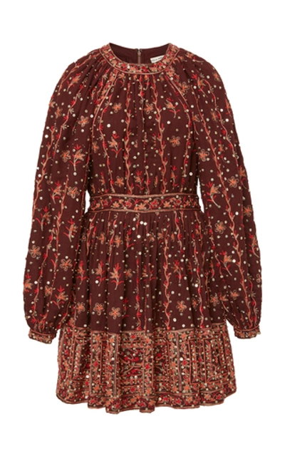 Shop Ulla Johnson Daya Embroidered Linen-cotton Blend Mini Dress In Burgundy