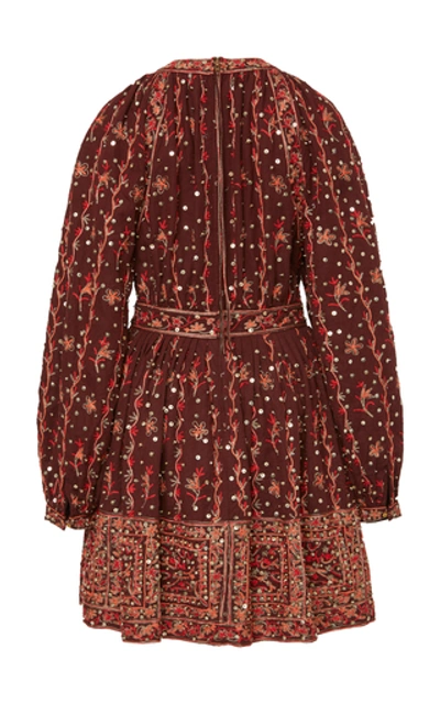 Shop Ulla Johnson Daya Embroidered Linen-cotton Blend Mini Dress In Burgundy