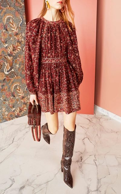 Shop Ulla Johnson Daya Embroidered Linen-cotton Blend Mini Dress In Burgundy